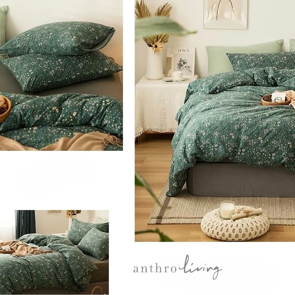 NEW Anthro Green Vintage Style Cotton Queen King Cotton Bedding Duvet & Sham Set